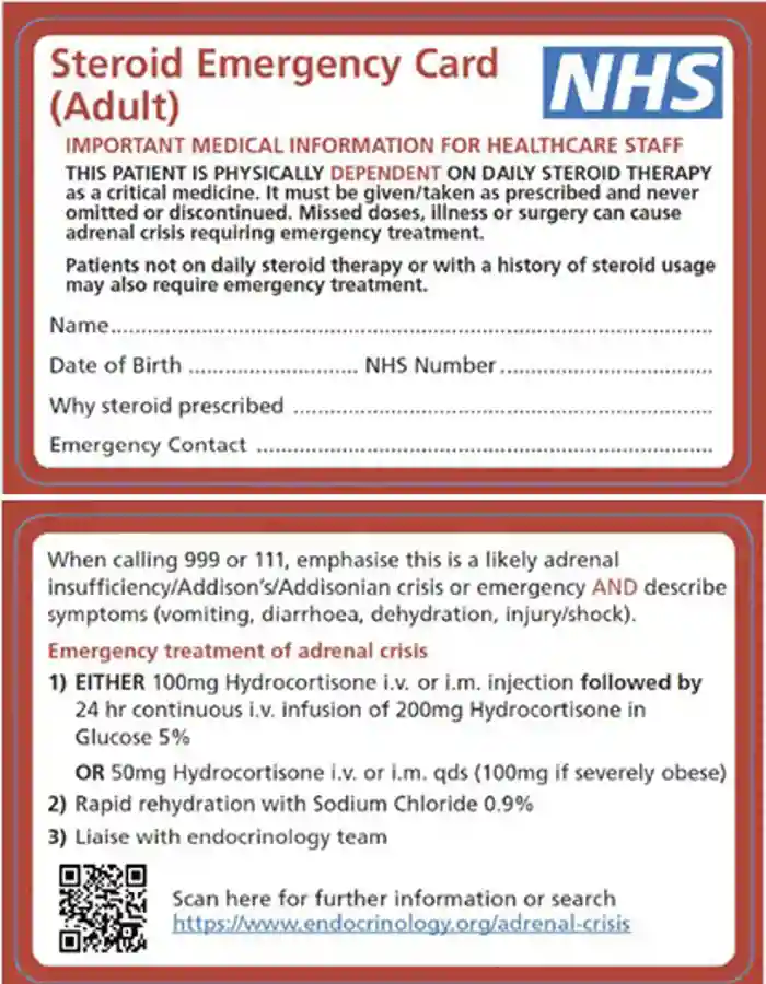 The new steroid safety card front (top) and back