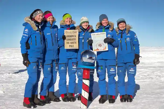 The six soldiers of the Ice Maiden expedition at the South Pole; the first all-female team to ski across Antarctica using muscle power alone. Crown Copyright